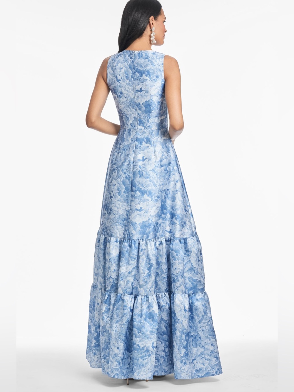 new Sachin and Babi Rori v neck mikado tiered gown in hydrangea blooms blue - Picture 2 of 9